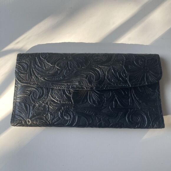 Vintage 70's Black LeatherTooled Embossed Long Wallet Boho South Western Mirror - Picture 15 of 16